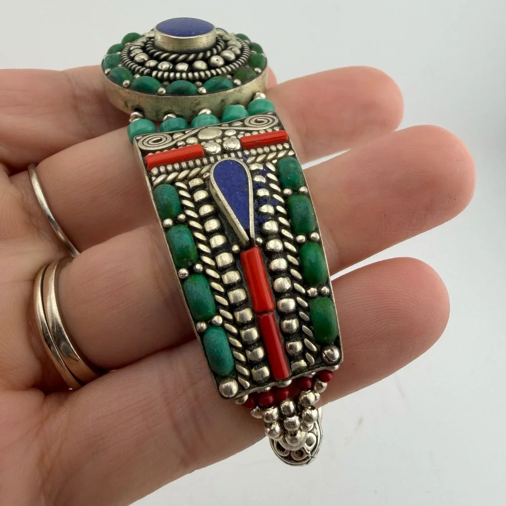 Tibetan Lapis Southwestern Boho Turquoise Coral Inlay Cuff Bracelet